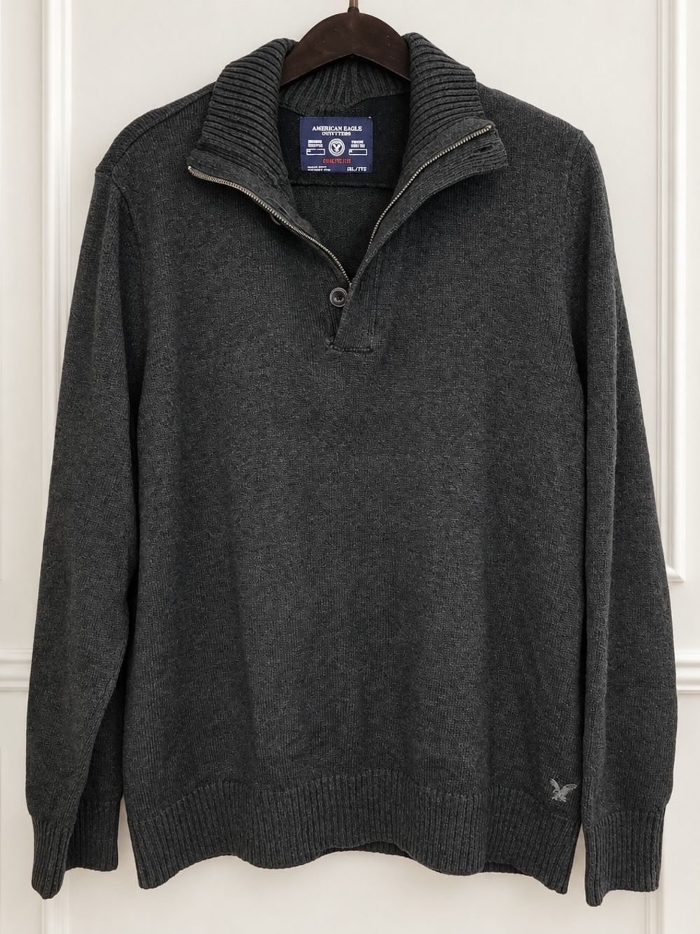 American Eagle Outfitters Men's Dark Green Zip-Neck Sweater With Buttons
